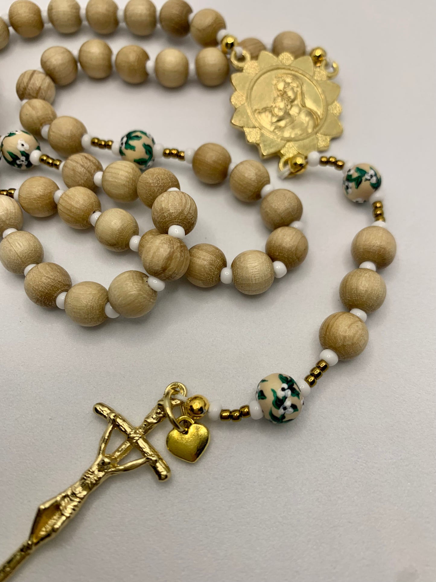 Hand Painted Wood Rosary - Baby's Breath
