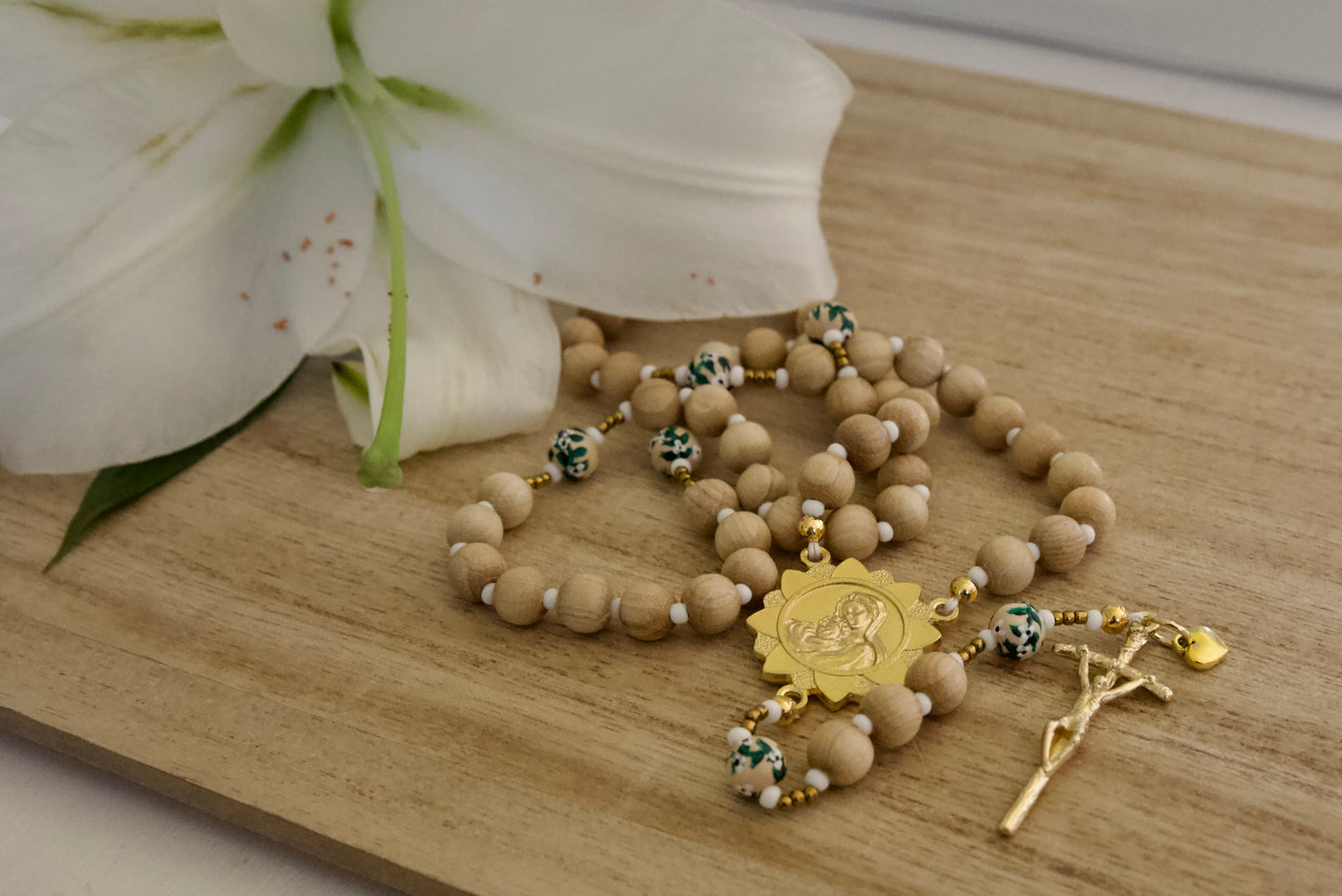 Hand Painted Wood Rosary - Baby's Breath