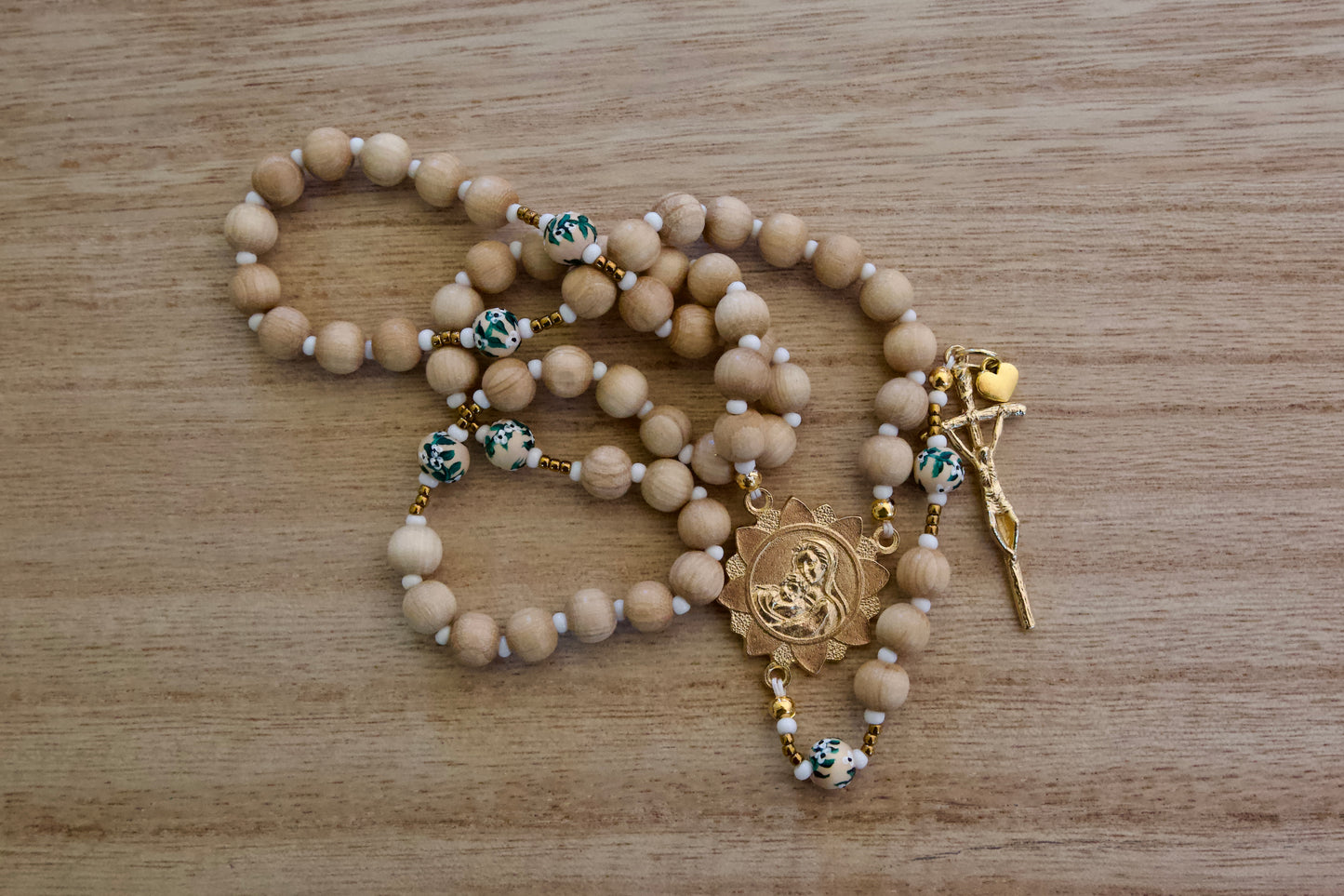 Hand Painted Wood Rosary - Baby's Breath