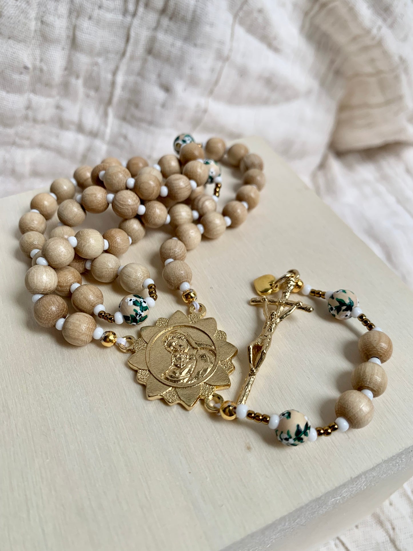 Hand Painted Wood Rosary - Baby's Breath