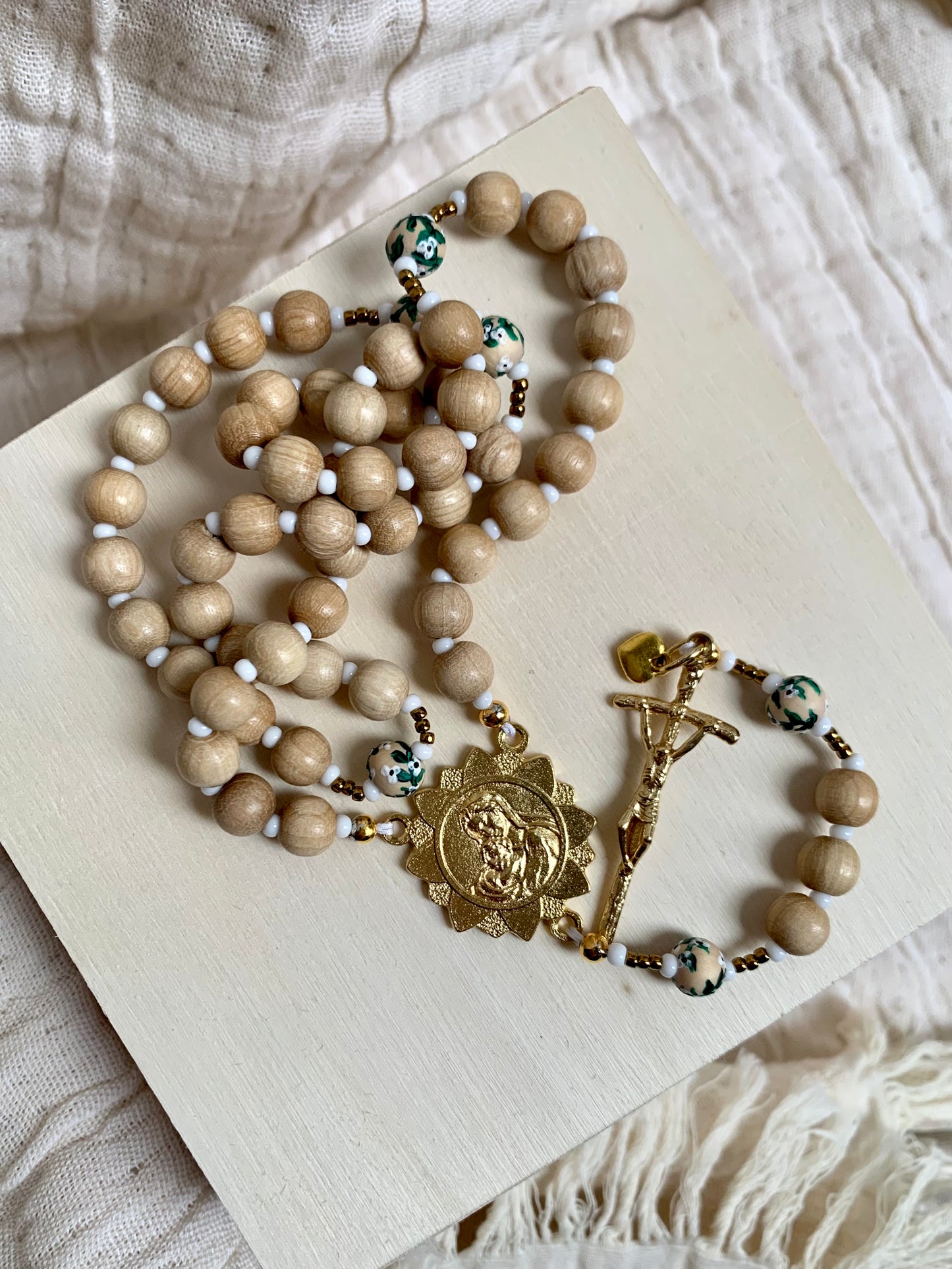 Hand Painted Wood Rosary - Baby's Breath
