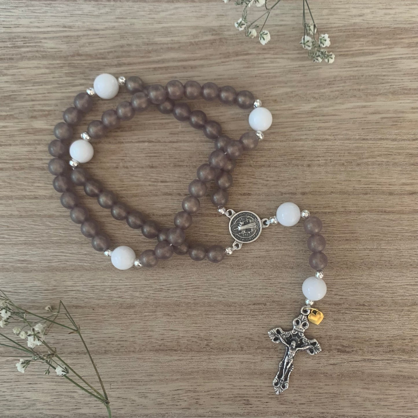 Suede Gold Glass Bead Rosary